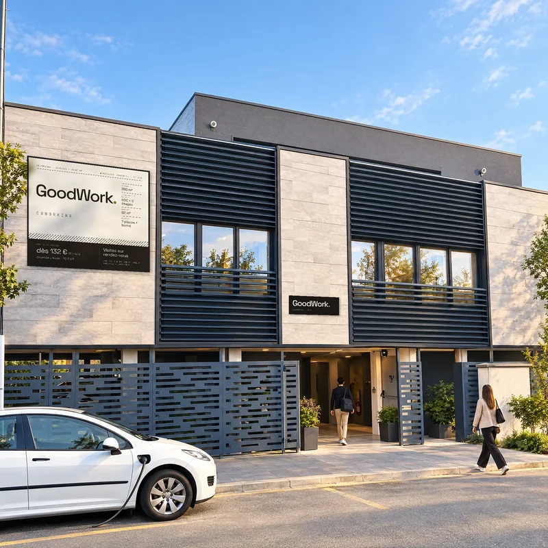 Façade de GoodWork Coworking sur la rue du Jardin Public, sous un ciel bleu