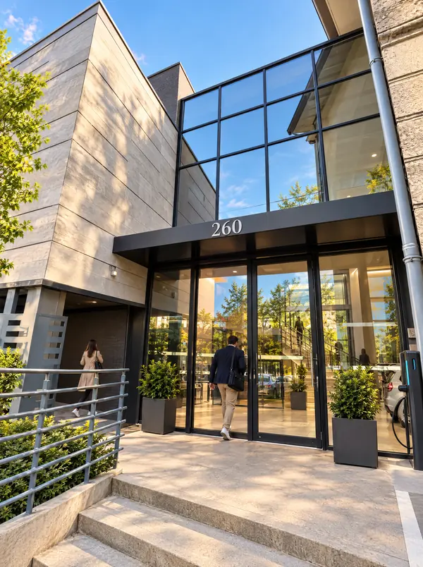 Porte d'entrée vitrée de GoodWork Coworking