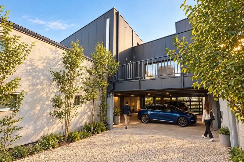 Cour intérieure avec parking et végétation