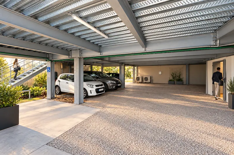 Parking couvert avec une voiture électrique en charge