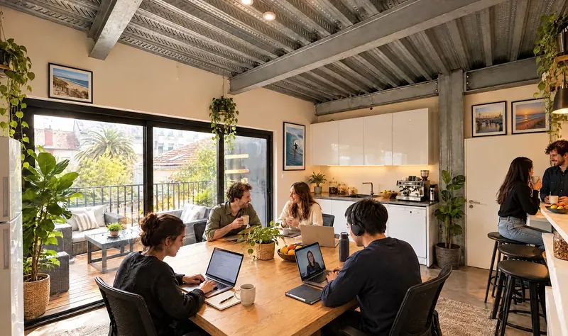 Kitchenette ouverte sur le balcon, pause café entre collègues