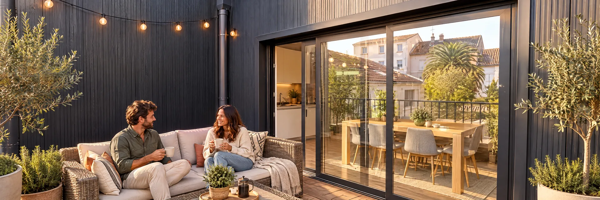 Balcon aménagé avec transats, oliviers et guirlandes lumineuses