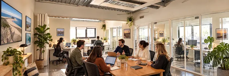 Salle de réunion avec écran et grande table en bois