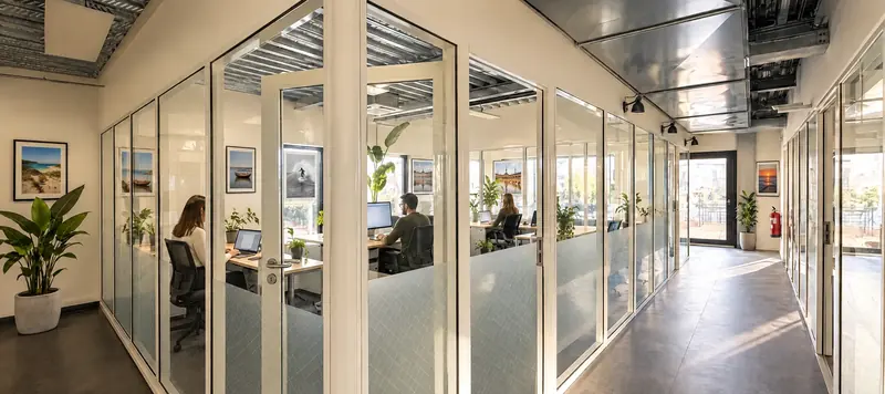 Couloir desservant les bureaux privatifs vitrés