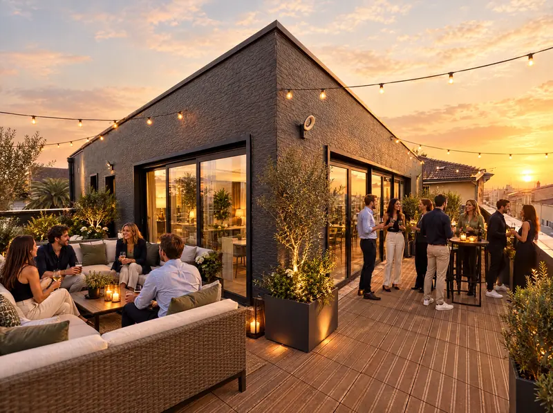 Afterwork au coucher du soleil sur le rooftop de 82 m²