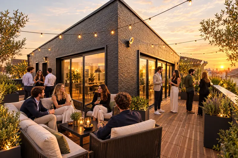 Rooftop aménagé avec plantes et guirlandes lumineuses
