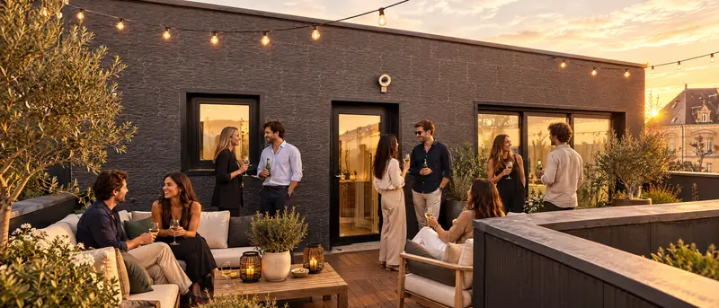 Rooftop au coucher du soleil, côté façade arrière
