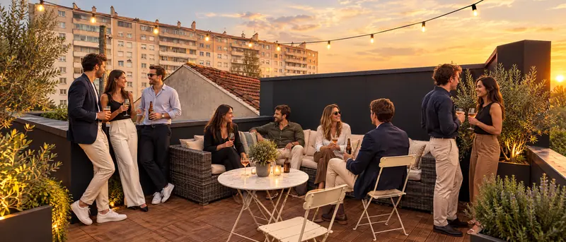 Salon extérieur du rooftop au coucher du soleil