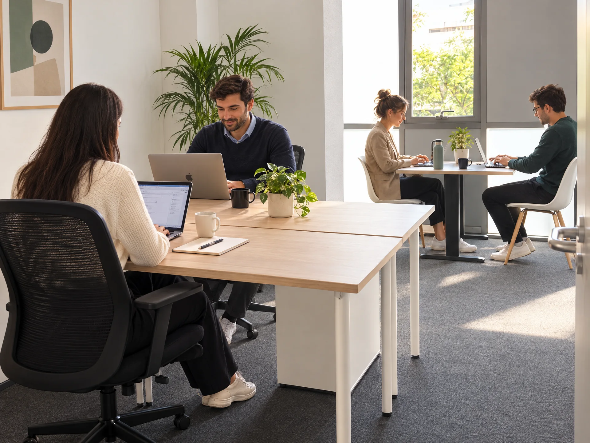 Bureau fermé avec quatre postes et une grande fenêtre