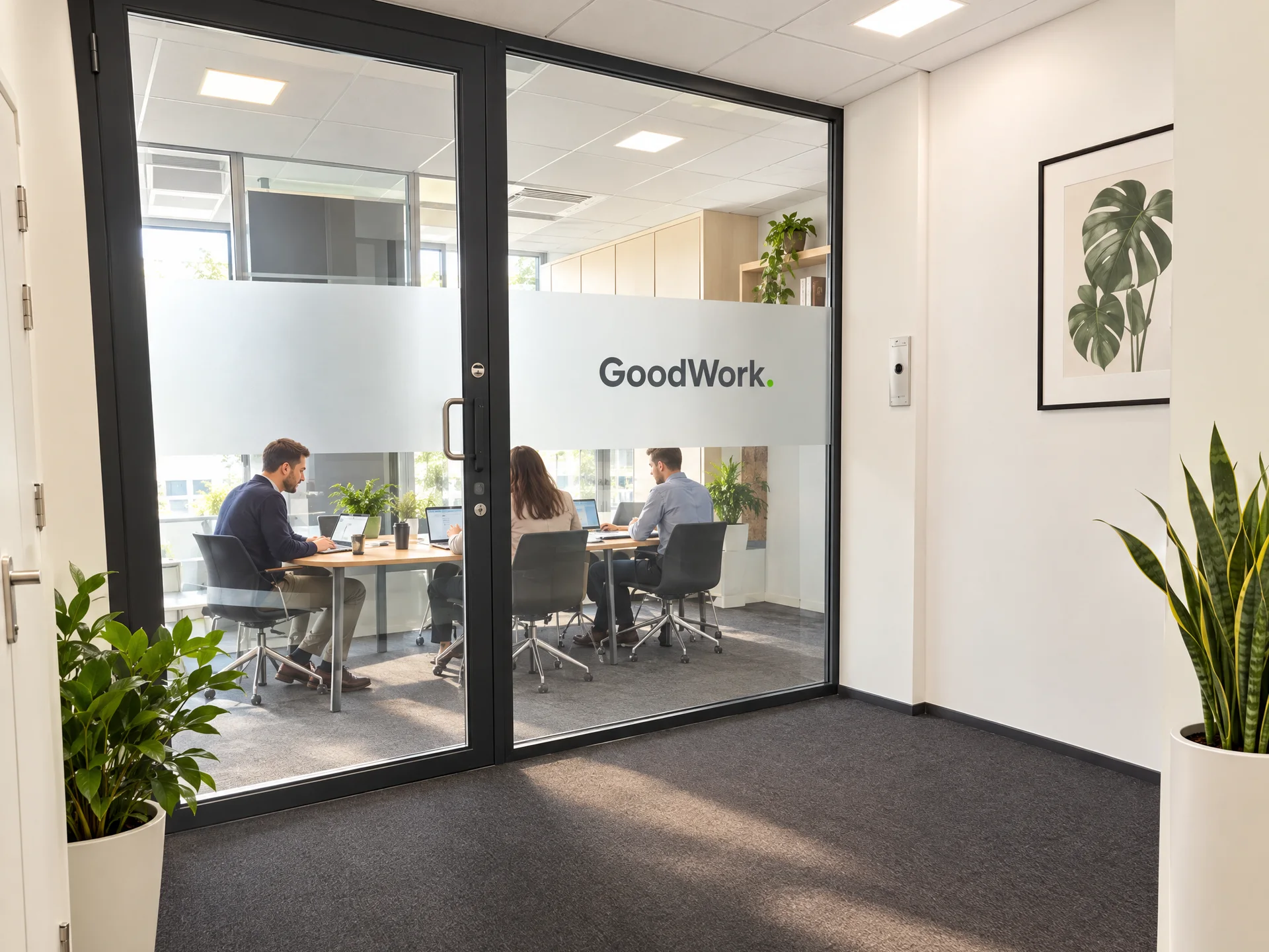 Porte vitrée GoodWork donnant sur une salle de réunion occupée
