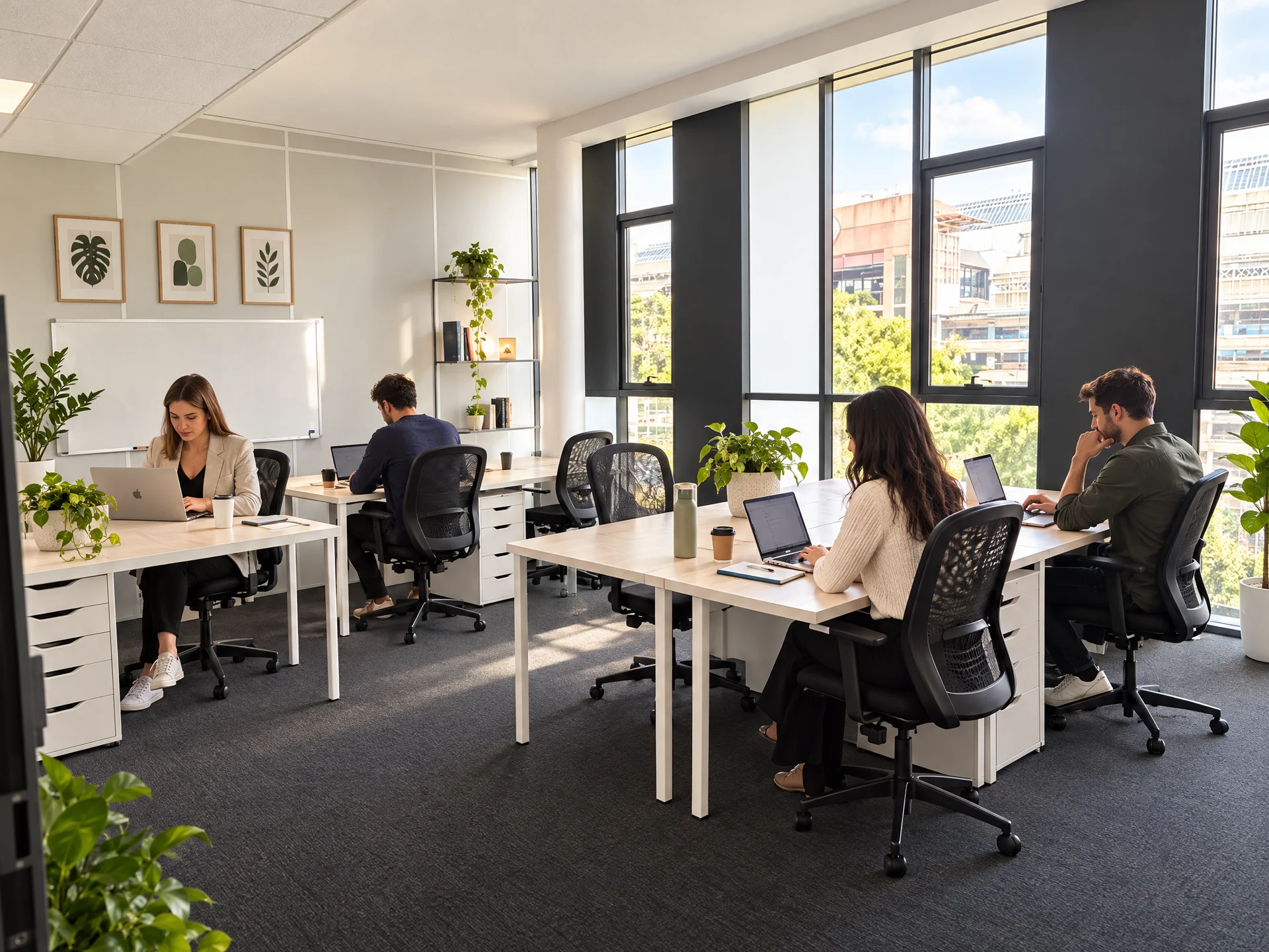 Grand bureau lumineux avec quatre personnes au travail face aux fenêtres