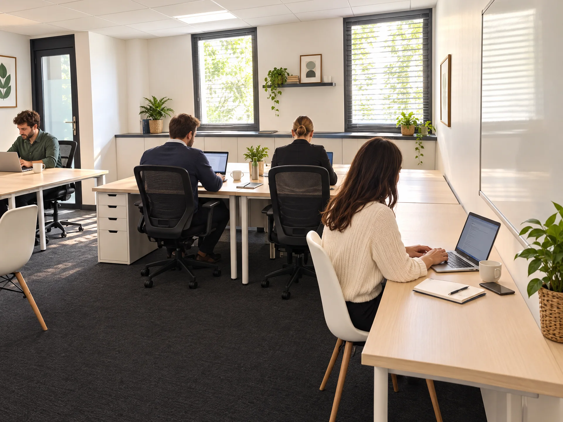Bureau collectif avec postes le long des fenêtres