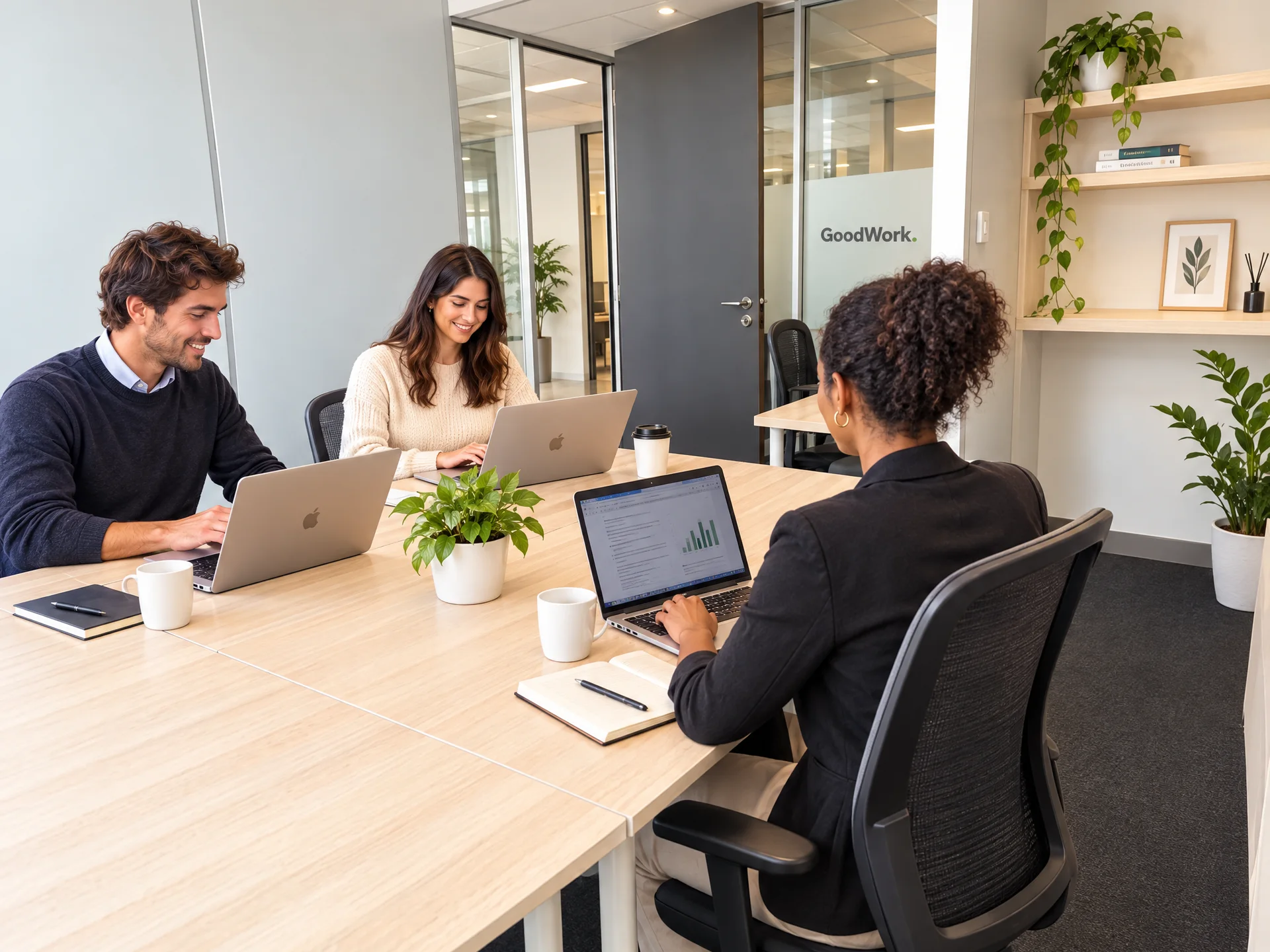Équipe au travail autour d'une grande table, porte GoodWork en arrière-plan